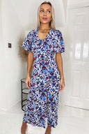 Blue Floral V Neck Tie Detail Short Sleeve Midi Dress With Split