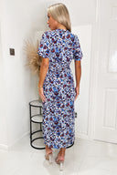 Blue Floral V Neck Tie Detail Short Sleeve Midi Dress With Split