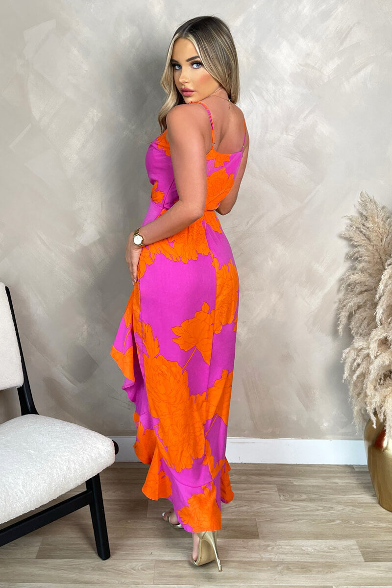 Pink And Orange Floral Printed Wrap Over Strappy Midi Dress AX Paris US Pink And Orange Floral Printed Wrap Over Strappy Midi Dress AX Paris US