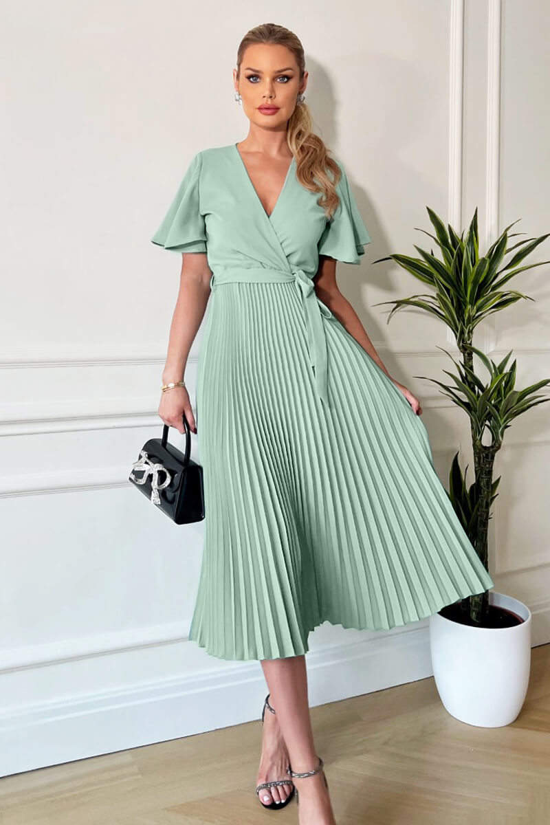 Duck Egg Pleated Midi Dress with Tie Waist