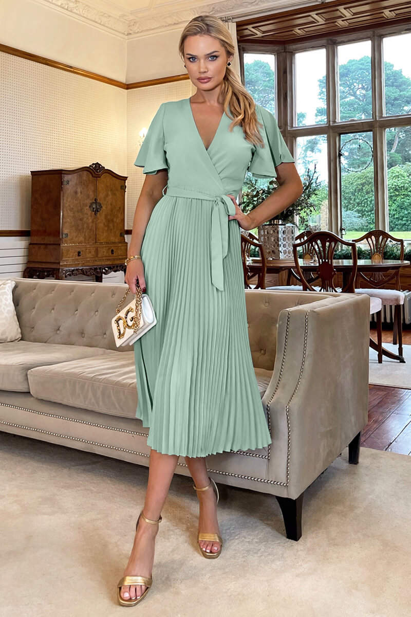 Duck Egg Pleated Midi Dress with Tie Waist