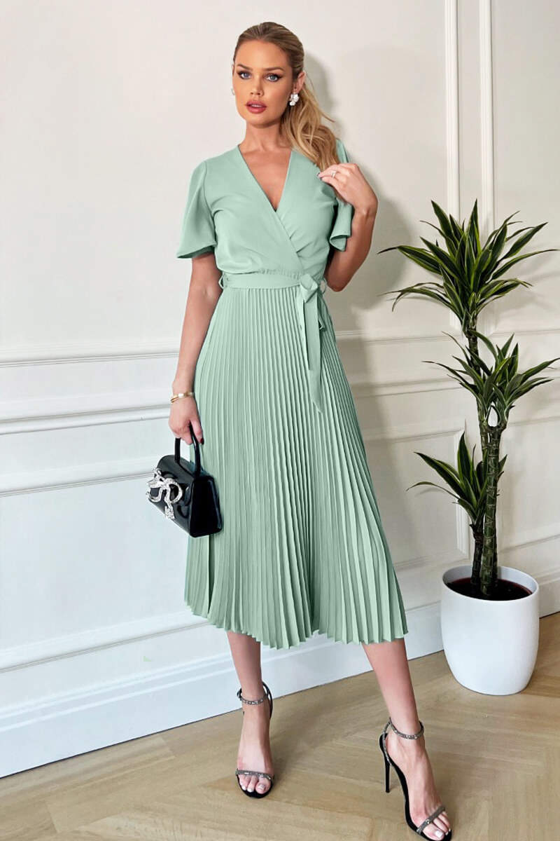 Duck Egg Pleated Midi Dress with Tie Waist