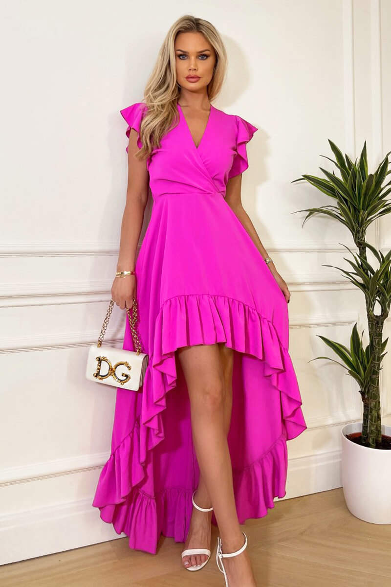 Midi Dress High Low Dress With Ruffles Hot Pink High Low Frill