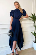 Navy High Neck Puff Sleeve Zig Zag Hem Pleated Midi Dress