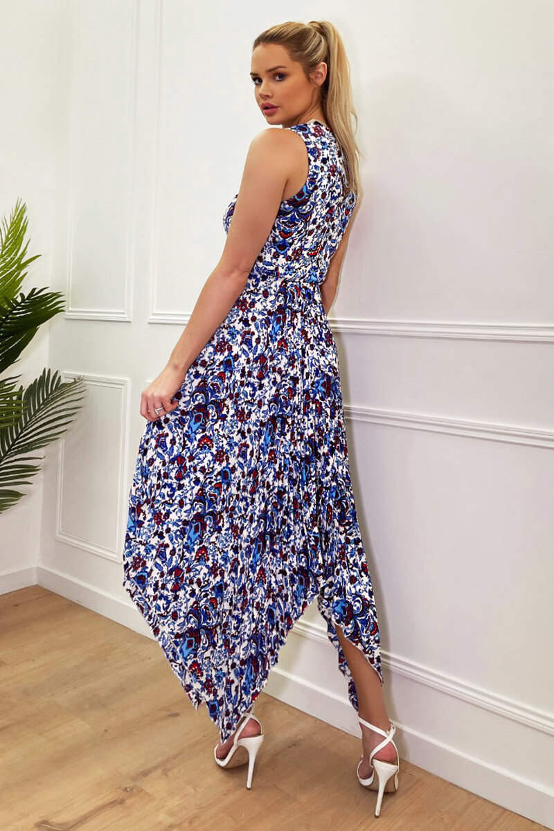 Blue And Red Floral Printed V Neck Zig Zag Pleated Midi Dress
