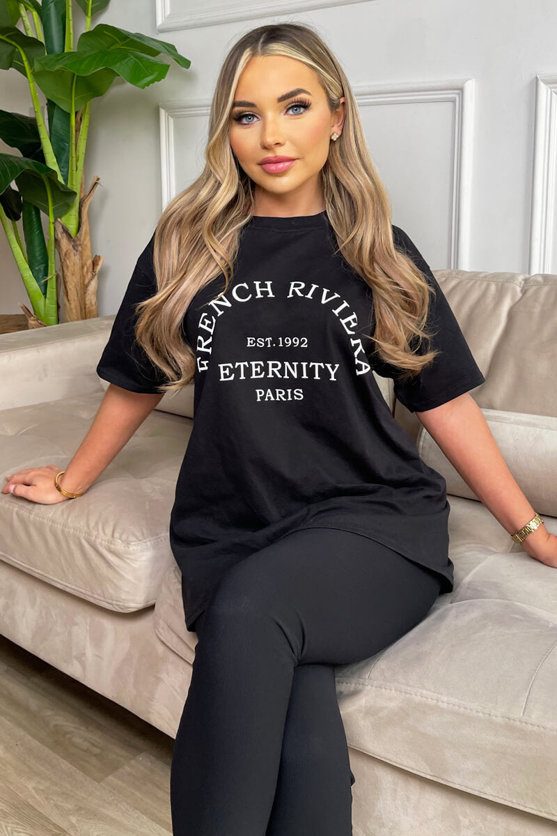 Black French Riviera Slogan T-Shirt