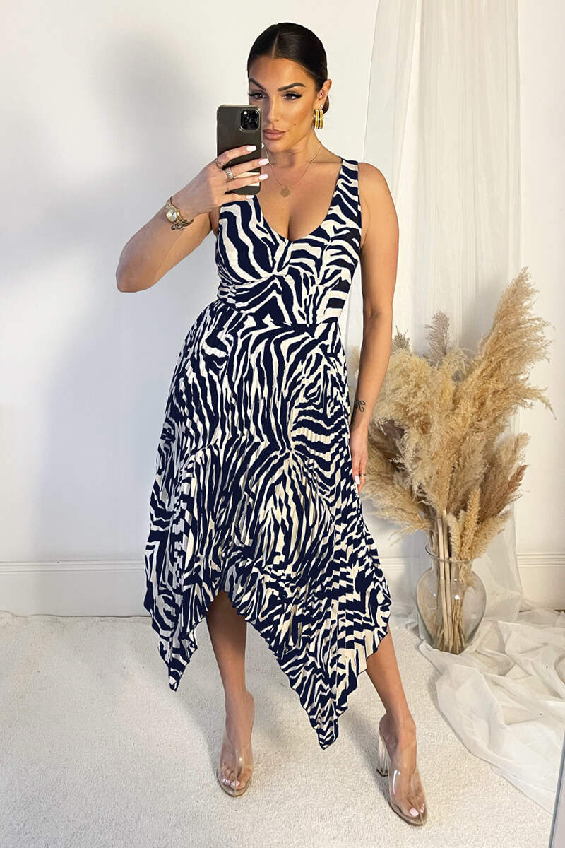 Navy And Cream Printed V Neck Zig Zag Hem Pleated Midi Dress