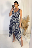 Navy And Cream Printed V Neck Zig Zag Hem Pleated Midi Dress