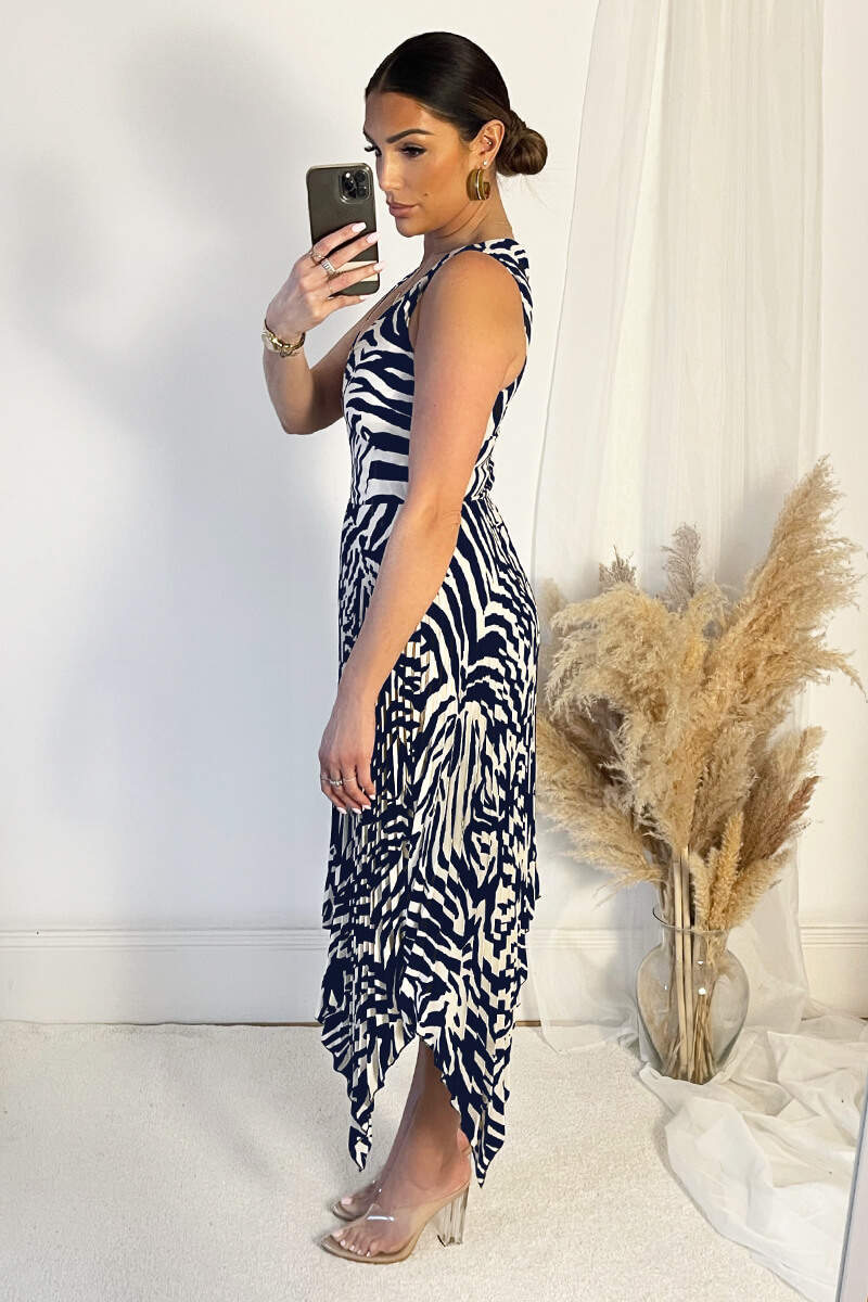 Navy And Cream Printed V Neck Zig Zag Hem Pleated Midi Dress