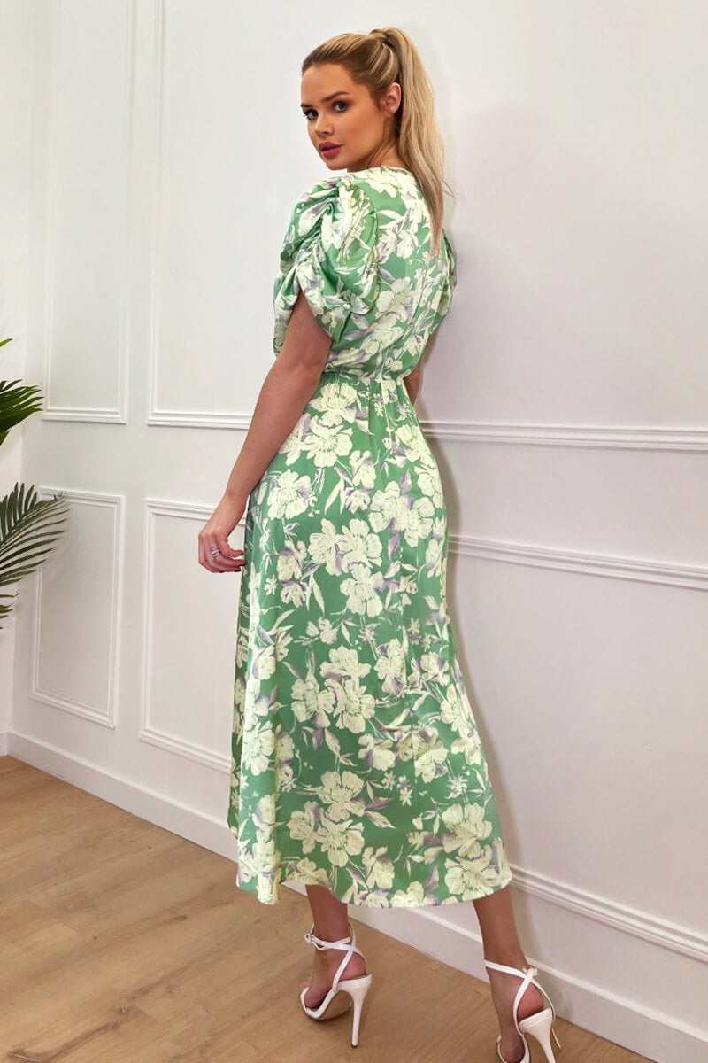 Green Floral Printed Short Puff Sleeve Gathered Side Midi Dress AX Paris US Green Floral Printed Short Puff Sleeve Gathered Side Midi Dress AX Paris US