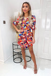 Multi Printed 3/4 Cuffed Sleeve Wrap Tie Mini Dress