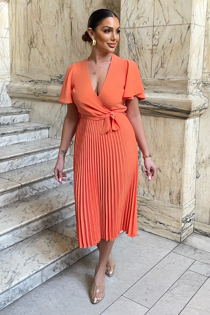 Peach Pleated Midi Dress with Tie Waist