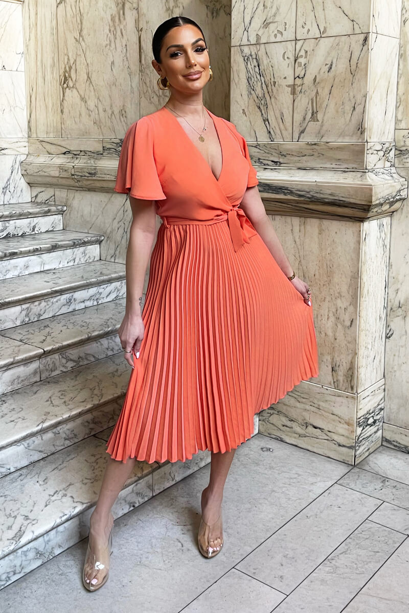 Peach Pleated Midi Dress with Tie Waist