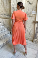 Peach Pleated Midi Dress with Tie Waist