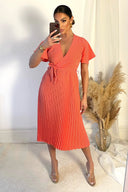 Peach Pleated Midi Dress with Tie Waist