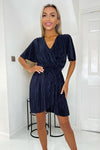 Navy Wrap Top Belted Short Sleeve Plisse Mini Dress