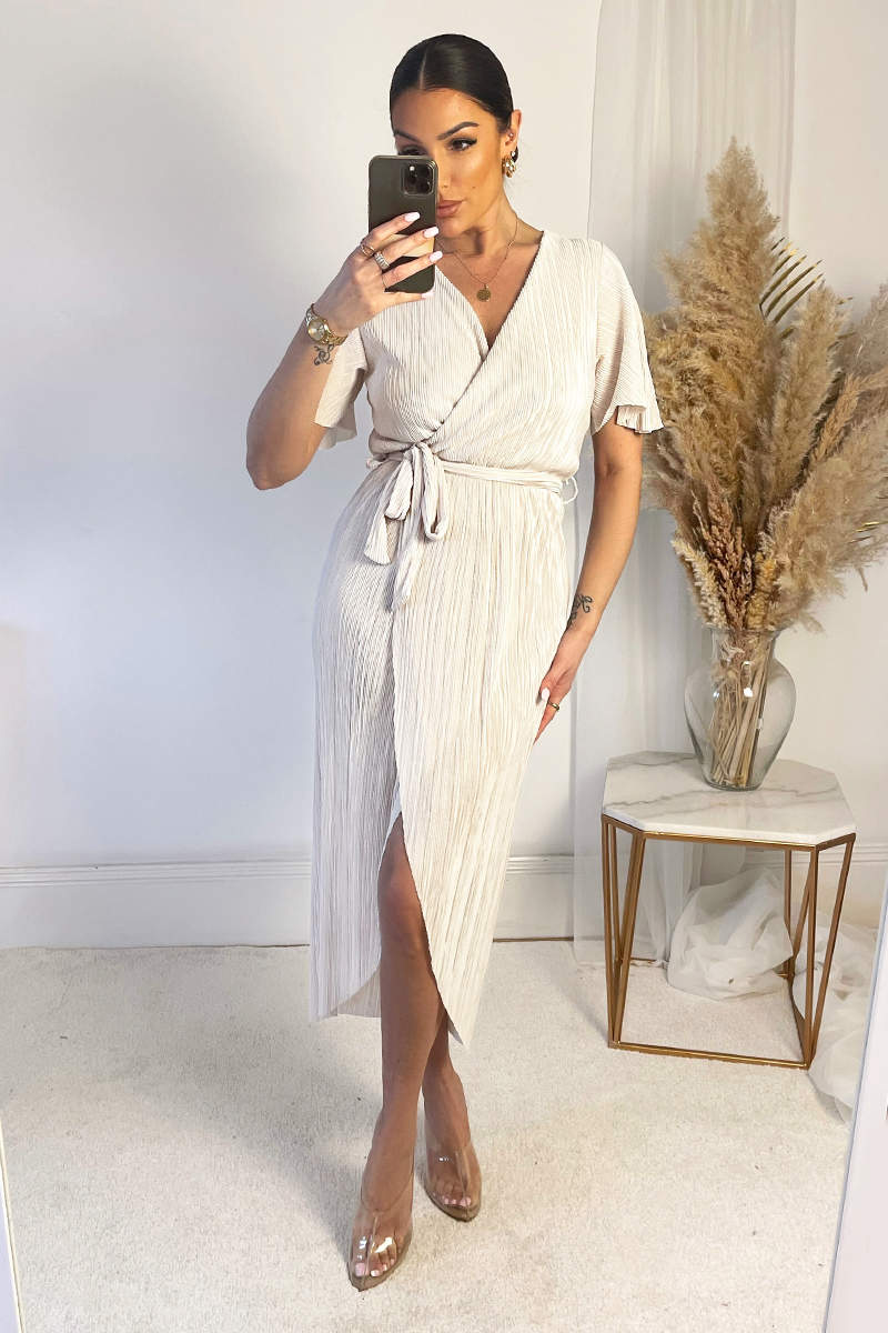 Cream Wrap Top Belted Short Sleeve Plisse Midi Dress