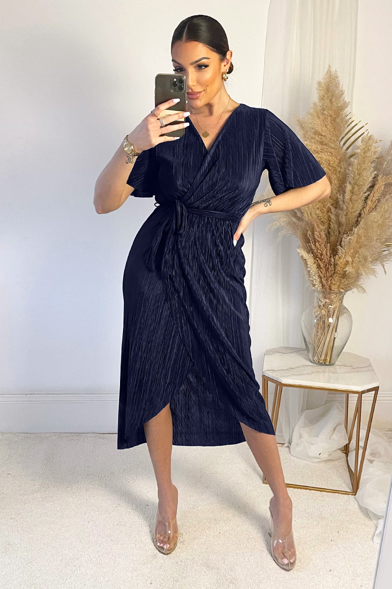 Navy Wrap Top Belted Short Sleeve Plisse Midi Dress