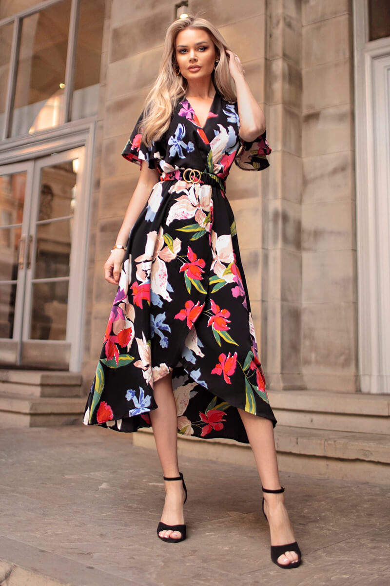 belted wrap midi dress Multi Floral Printed Short Sleeve Belted Wrap Midi Dress