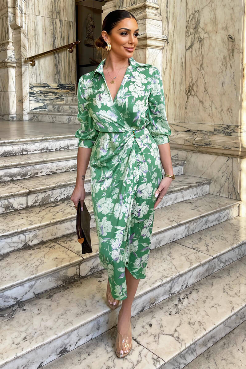 Green Floral Wrap Shirt Midi Dress