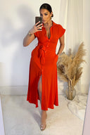 Burnt Orange Tie Waist Button Up Midi Dress