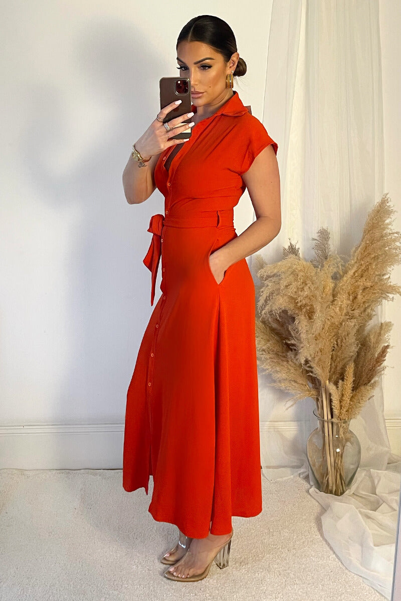 Burnt Orange Tie Waist Button Up Midi Dress