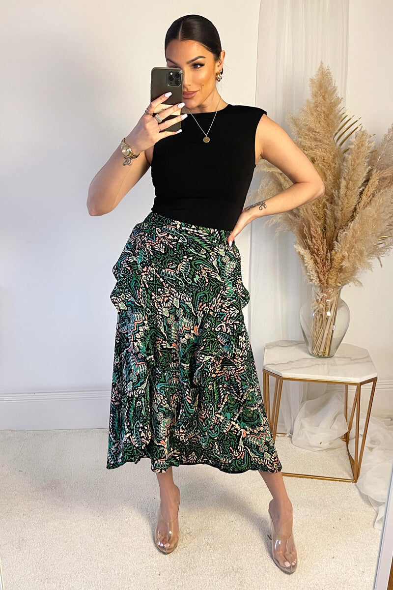 Green And Black Printed 2 in 1 Midi Dress