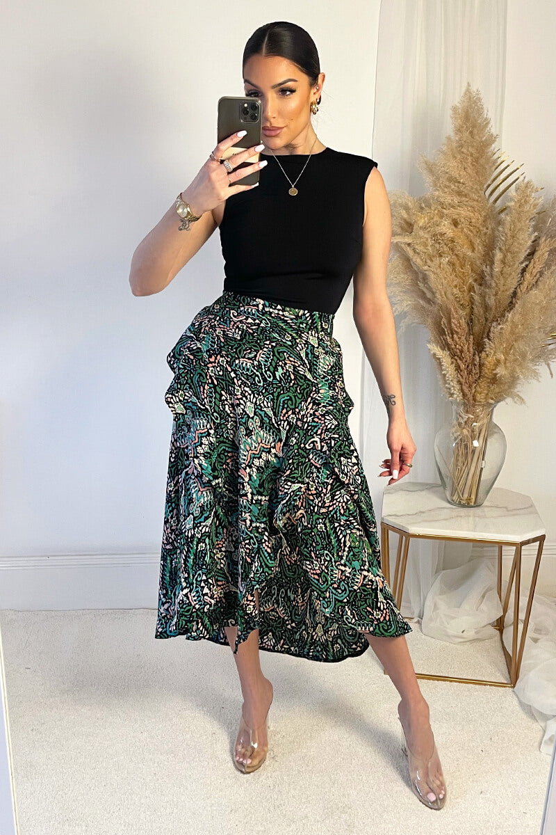 Green And Black Printed 2 in 1 Midi Dress