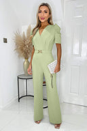 Sage Wrap Top Belted Full Length Jumpsuit