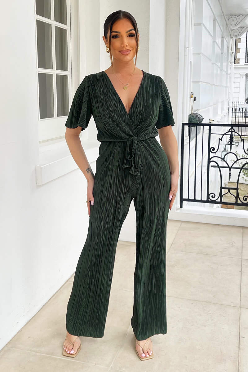 Khaki Wrap Top Plisse Jumpsuit