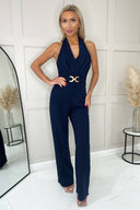 Navy Halter Tie Neck Belted Jumpsuit