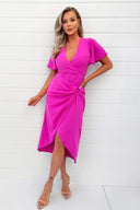 Hot Pink Short Sleeve V-Neck Buckle Wrap Midi Dress