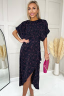 Navy And Pink Printed Wrap Skirt Midi Dress