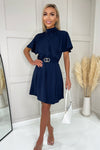 Navy Short Sleeve High Neck Belted Skater Dress