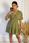 Khaki Short Sleeve Tie Back V Neck Mini Dress