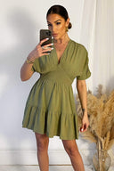 Khaki Short Sleeve Tie Back V Neck Mini Dress