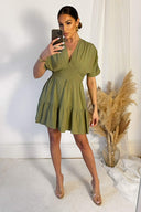 Khaki Short Sleeve Tie Back V Neck Mini Dress