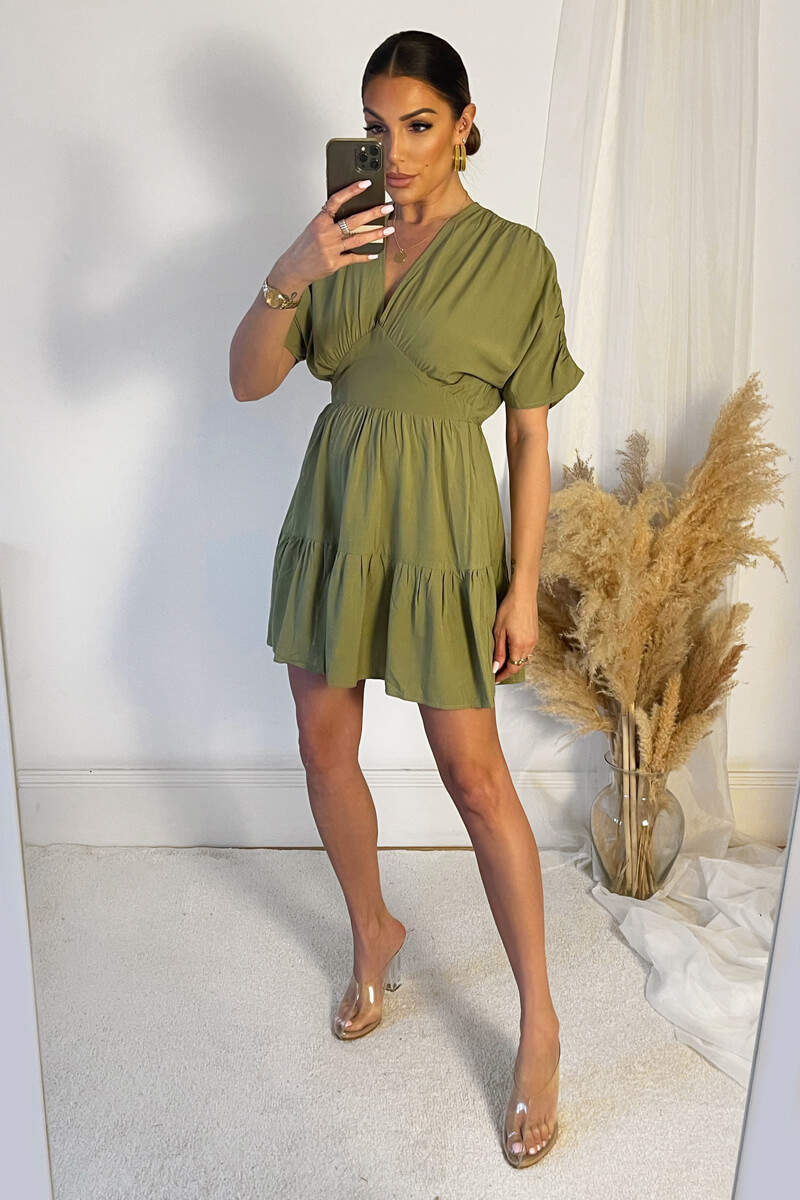 Khaki Short Sleeve Tie Back V Neck Mini Dress