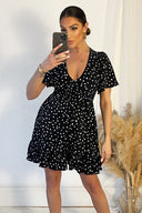 Black And White Polka Dot Print Wrap Top Frill Hem Dress