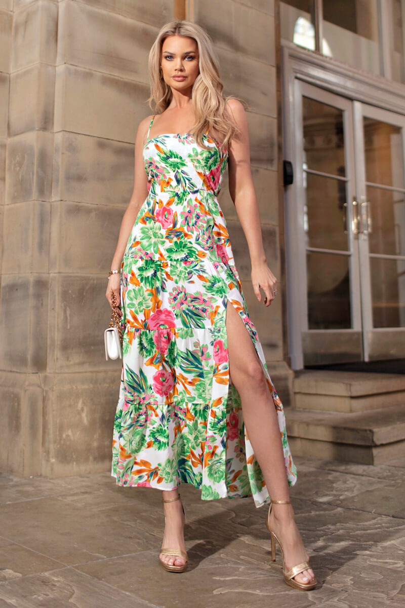 Green Floral Print Strappy Smock Midi Dress