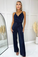 Navy Wrap Top Tie Waist Full Length Plisse Jumpsuit