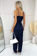 Navy Wrap Top Tie Waist Full Length Plisse Jumpsuit