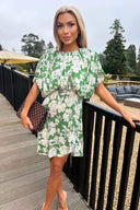 Green Floral Printed Batwing Mini Dress