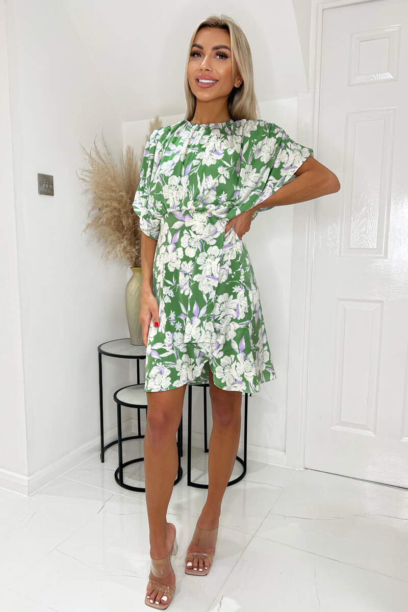 Green Floral Printed Batwing Mini Dress