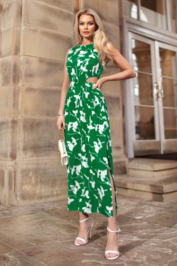 Green And White Floral Printed Cut Out Midi Dress