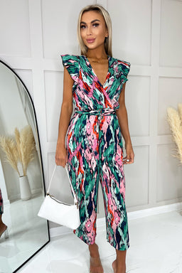 Multi Printed Wrap Front Frill Sleeve Belted Jumpsuit