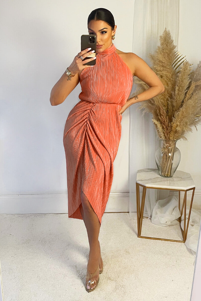 Peach Halter Neck Plisse Gathered Midi Dress AX Paris US Peach Halter Neck Plisse Gathered Midi Dress AX Paris US