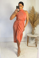 Peach Halter Neck Plisse Gathered Midi Dress