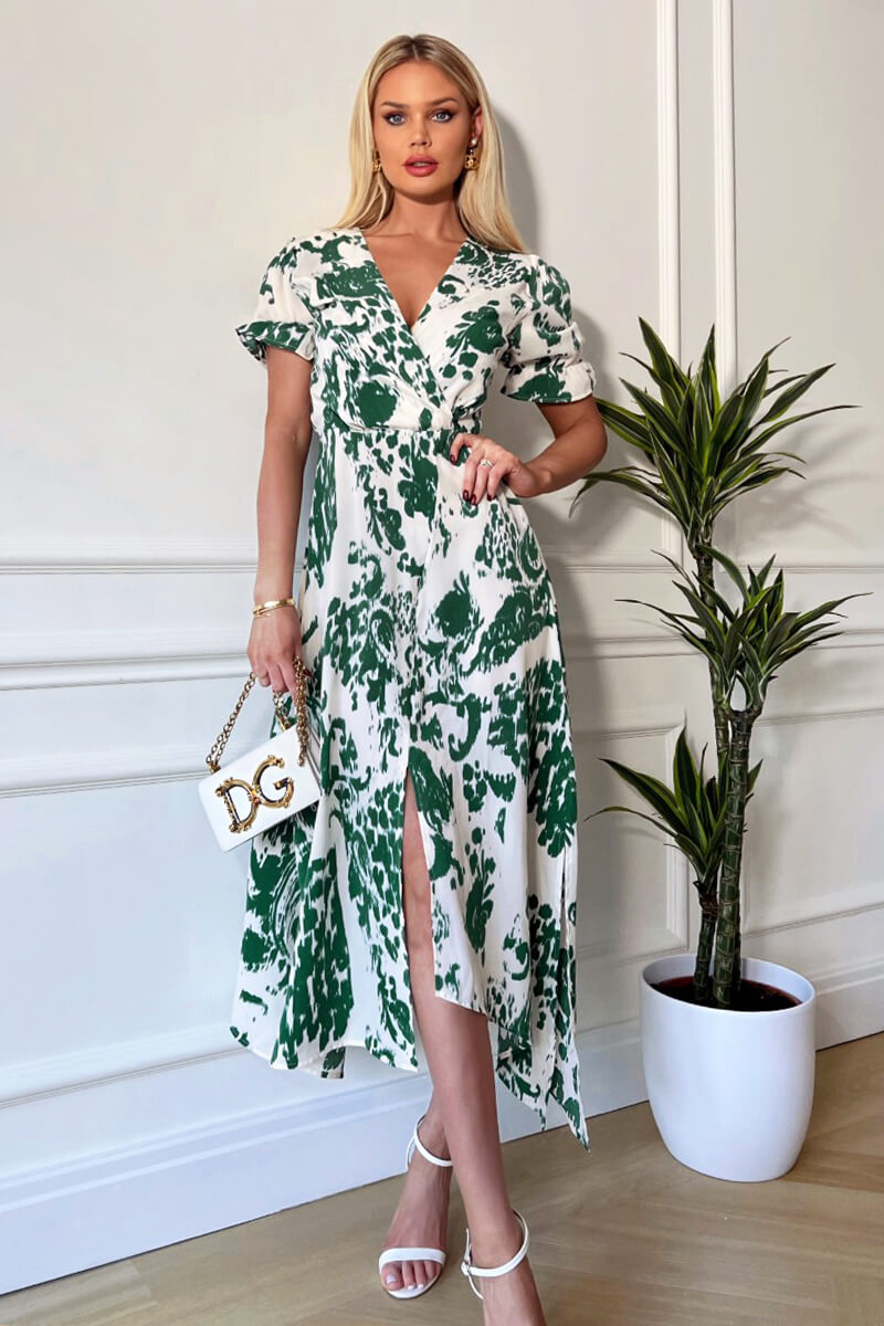 Green And Cream Printed Short Sleeve Wrap Over Midi Dress