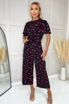 Black And Pink Floral Printed Short Sleeve Tie Waist Jumpsuit